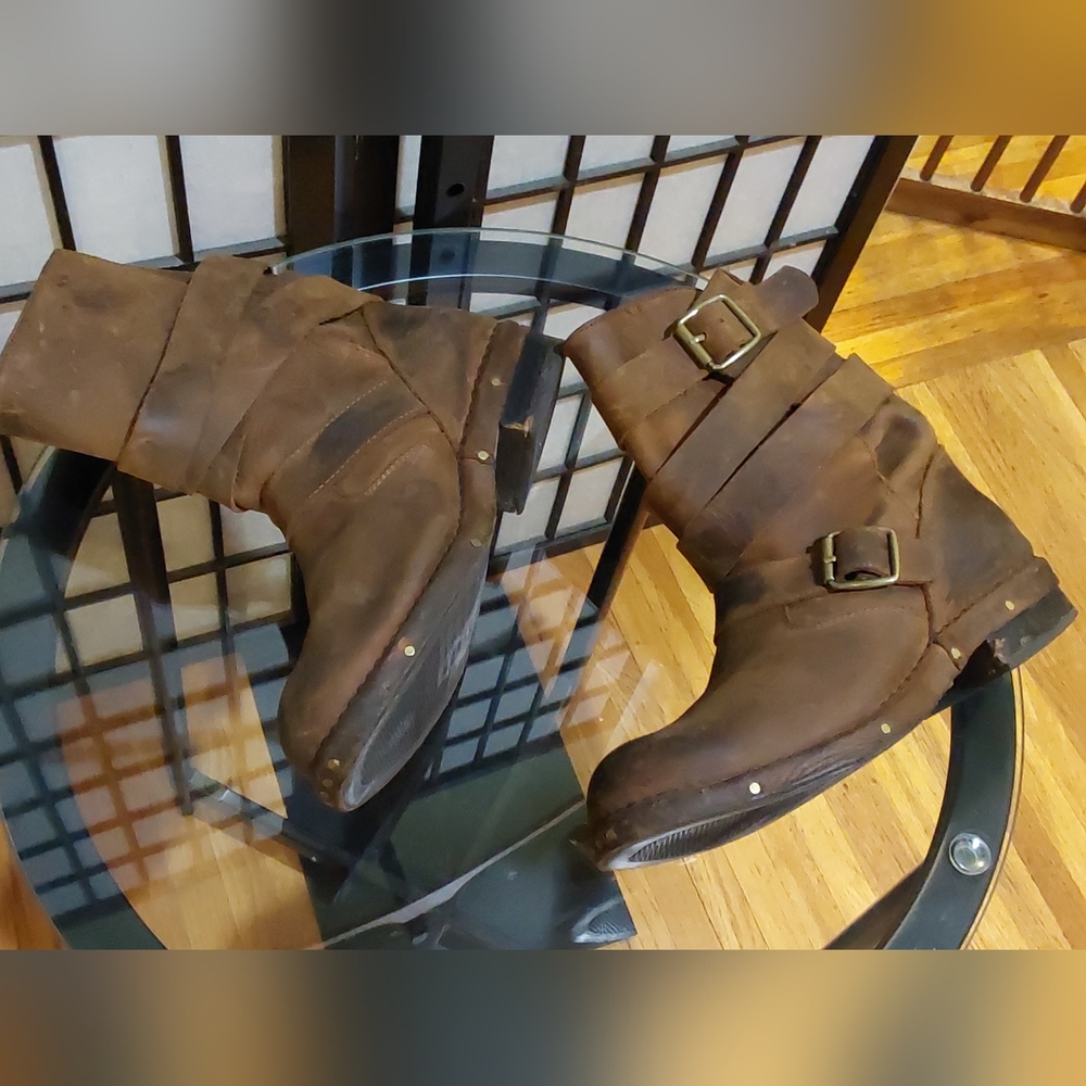 Jeffrey Campbell Brit Distressed Brown Leather Moto Strap Biker Pull On Boots 10 - Picture 10 of 16
